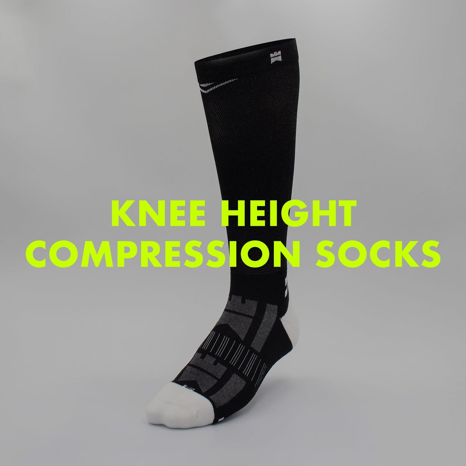 A photograph of knee height compression socks with text overlay saying "Knee Height Compression Socks".